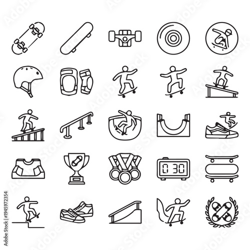 Skateboarding Icon Set - Line Art and Minimalist Design