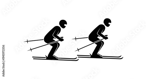 Two Skiers in Motion Sideways Profile.