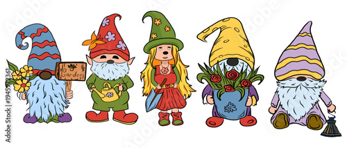 Garden gnomes collection set, various funny fairytale characters and gardening elements vector illustration.