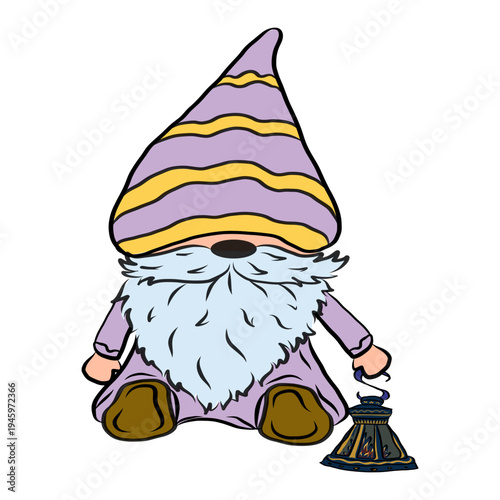 Cute garden gnome character, funny fairytale dwarf with gardening tools, hand drawn vector illustration