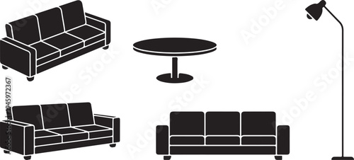 Modern Living Room Furniture Silhouette Icon Set - Sofa, Coffee Table, and Floor Lamp