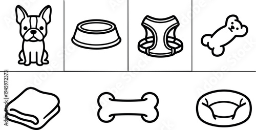 Minimalist black line art of sitting bulldog dog bowl harness bone blanket and round pet bed icons