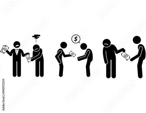 Stick figures illustrating various financial transactions, including giving money, debt, charity, and economic disparity.