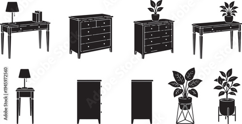 Premium Furniture and Decor Silhouettes - Chest of Drawers, Console Table, and Potted Plant