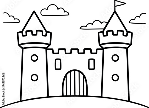 Simple black and white line art drawing of a castle with two towers and clouds on a hill top iconic medieval fortress illustration
