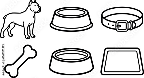 Minimalist line art dog standing with empty collar bone food bowl and tray icons in simple black outline style