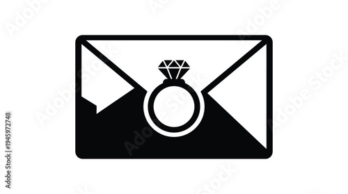 Black and white envelope with engagement ring symbol