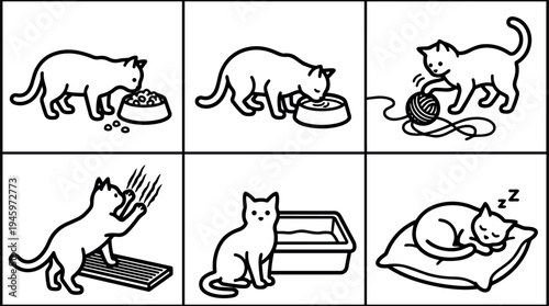 Minimalist black line art cat eating food drinking water playing with yarn scratching board using litter box sleeping on pillow