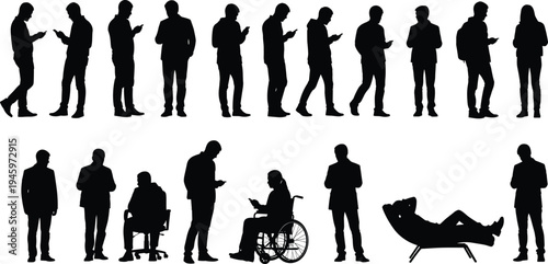 Silhouettes collection, diverse poses, human figures, body language, standing gestures, seated postures, wheelchair inclusion, lounge chair, modern lifestyle, technology use