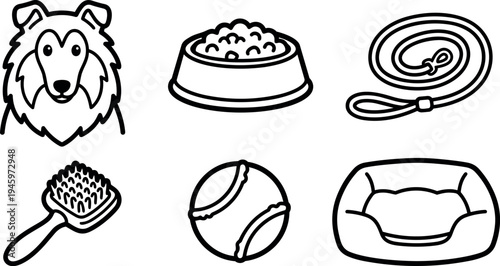 Black line art vector icons of dog face food bowl leash brush ball and pet bed set in simple style