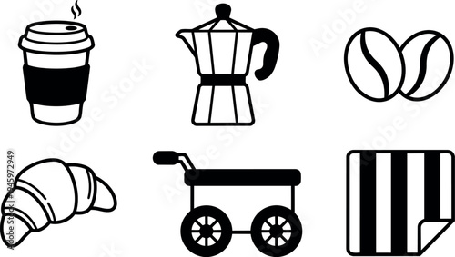 Minimalist black and white vector icons of coffee cup moka pot croissant stroller and striped blanket with simple design