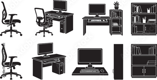 Professional Home Office Furniture Silhouettes - Ergonomic Chair, Desk, and Bookshelf
