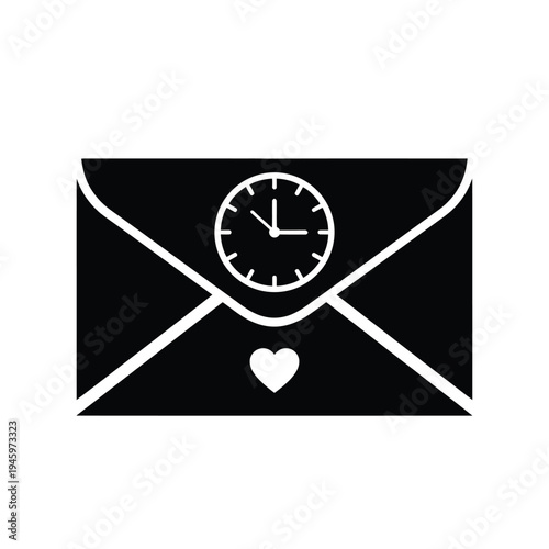 Black envelope with clock and heart in white