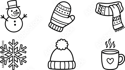 Black and white line art set of winter icons snowman mitten scarf snowflake winter hat and steaming cup with heart