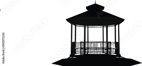 Black silhouette of a garden gazebo pavilion, representing outdoor relaxation, park architecture, garden landscape design, summer wedding venue, and backyard structure.