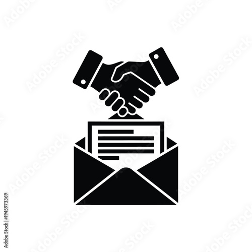 Black of handshake above envelope with document