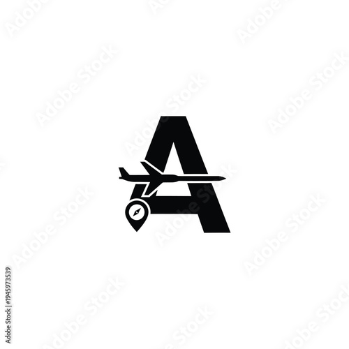 Black letter a with airplane and location pin