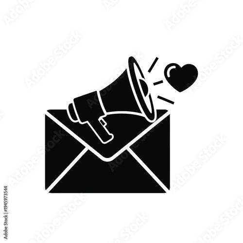 Black megaphone emerging from envelope with heart