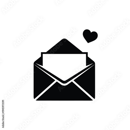 Black envelope with white letter and heart paper