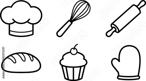 Simple black outline cooking icons set including chef hat whisk rolling pin bread cupcake and oven mitt kitchen baking tools collection