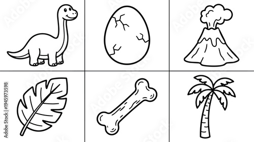 Simple black line art dinosaur baby egg volcano leaf bone and palm tree vector icons set isolated on white background