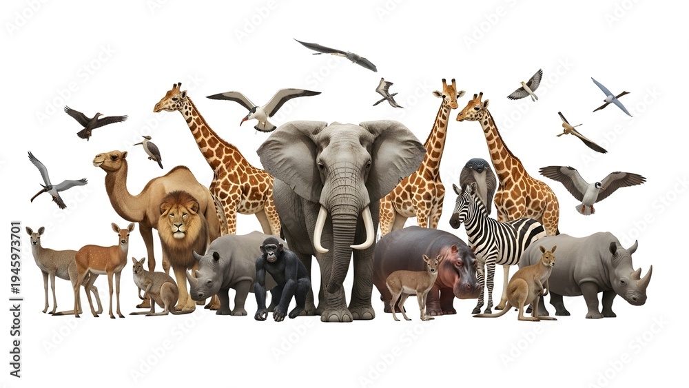 Obraz premium A diverse group of wild animals standing together on transparent background
