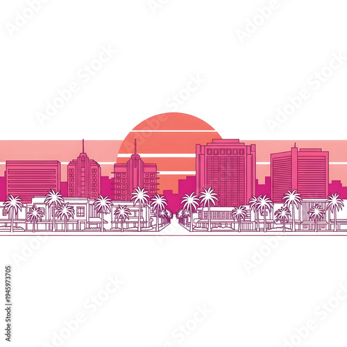 Vibrant retro-futuristic city skyline illustration in striking pink and orange, showcasing a minimalist urban landscape with tropical palm trees and a beautiful sunset