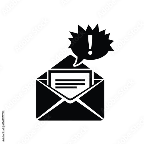 Black and white of envelope with letter and exclamation mark