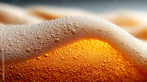 Closeup view of curved beer foam and golden bubbles on warm blurred background, expressing freshness concept
