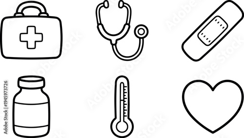 Minimalist black outline medical icons set including first aid kit stethoscope bandage bottle thermometer heart vector art