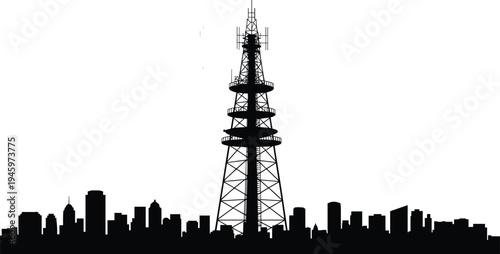 Black silhouette of a telecommunications tower rising above a city skyline, representing 5G network coverage, global communication, and urban connectivity infrastructure.