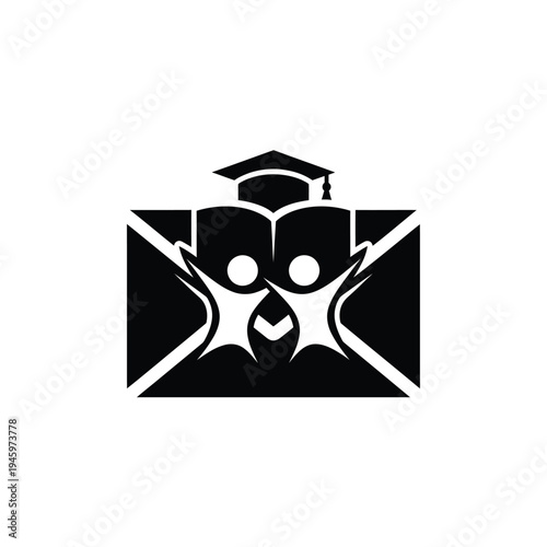 Black and white silhouette of two people holding a book with graduation cap