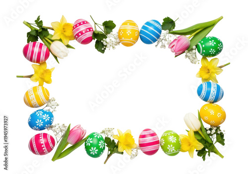 high contrast flat lay photo of brightly colored, patterned easter eggs and vibrant spring flowers (tulips, daffodils) forming a frame on a white surface with central copy space. concept for easter