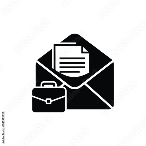 Black and white of envelope with document and briefcase