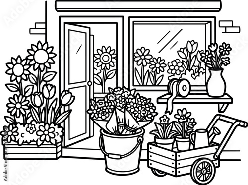 Black line art garden shop cart and buckets filled with flowers outside open door building window mirror reflection floral decor vector