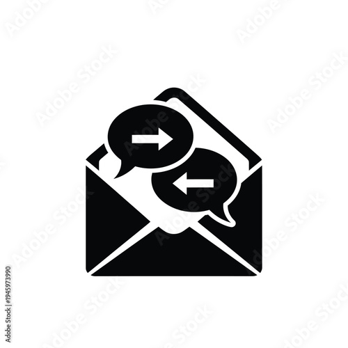 Black and white envelope with speech bubbles and arrows