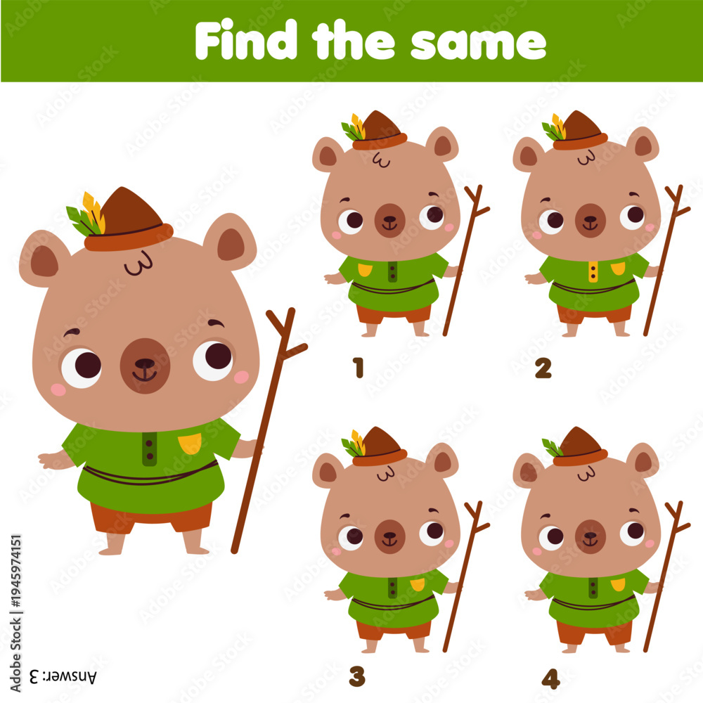 Fototapeta premium Children educational game. Find two same pictures of cute bear animals. Activity fun page for toddlers and babies