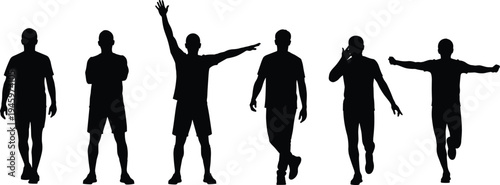 Human silhouettes, body language, posture gestures, walking motion, dynamic poses, physical expression, standing figures, movement concept, gesture study, animation reference