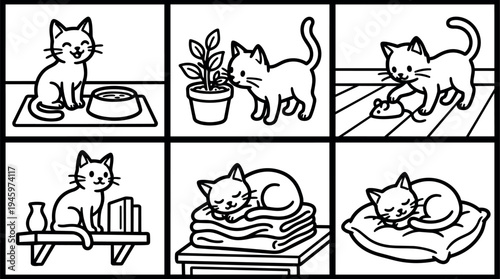Minimalist line art happy cat eating food sniffing plant playing with toy mouse sitting on shelf sleeping on towels and pillow