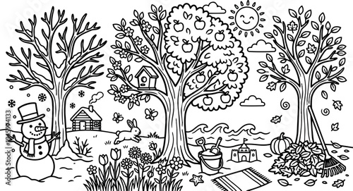 Seasonal line art showing winter snowman spring flowers summer beach sandcastle and autumn leaves with rake in black and white vector