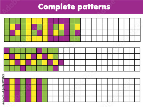 Complete geometric patterns by grid. Educational game for children. Drawing activity for toddlers and kids
