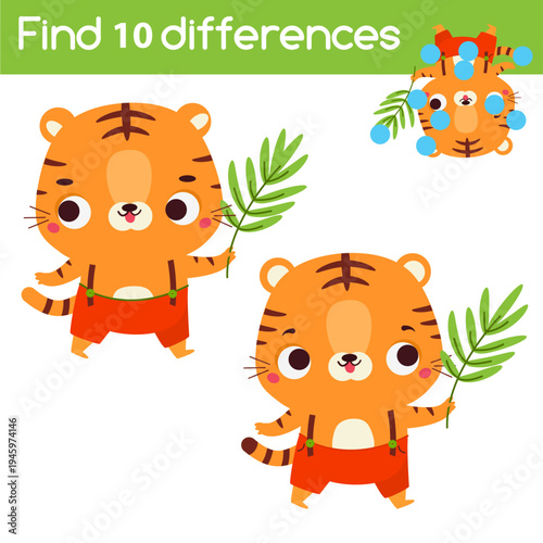Find the differences educational game with answer. Kids activity with funny cartoon tiger character