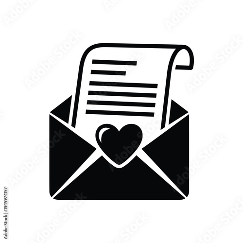 Black and white envelope with letter and heart