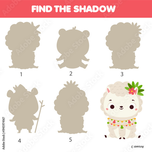 Shadow matching game. Kids activity with cartoon alpaca. Find silhouette page for toddlers