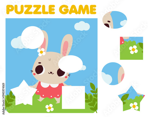 Animals Puzzle for toddlers with cute rabbit walking on grass. Match pieces and complete the picture. Educational game for children, kids activity page