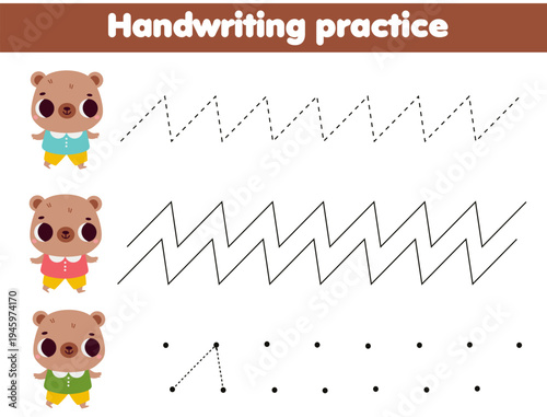 Handwriting practice sheet with cute bears. Educational children game. Tracing zig zag lines for kids and toddlers. animals theme worksheet