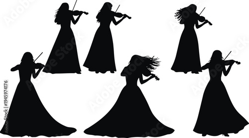 Black Silhouette of Female Violinist Collection Set in Long Elegant Ball Gown Playing Violin Musical Instrument for Classical Concert Performance Art