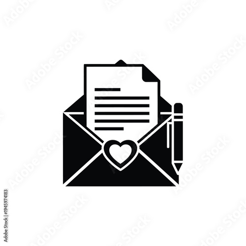 Black and white of envelope with letter and heart