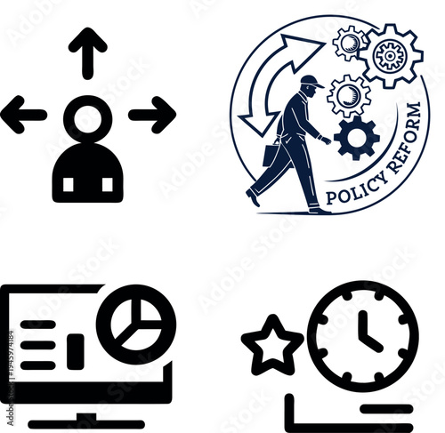 Icons representing policy reform and business strategy