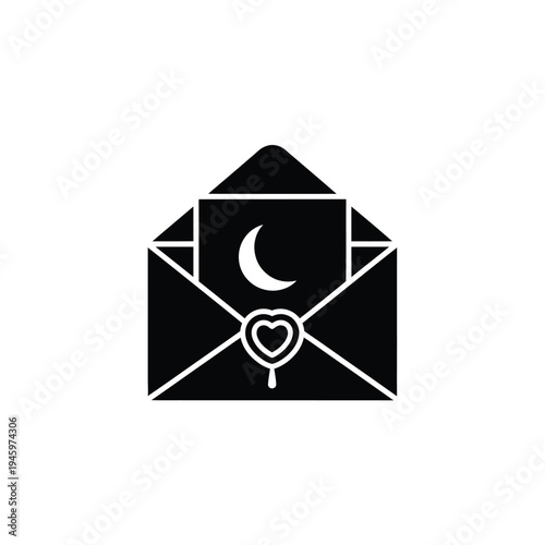 Black and white envelope with crescent moon and heart locket